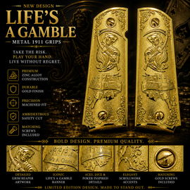 Life's A Gamble Metal 1911 Full Size Grips – Polished Gold Finish | Grim Reaper Design | Ambi Safety Cut | Matching Screws Included