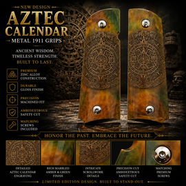 1911 Full-Size Metal Grips with Nickel-Plated Screws – Aztec Calendar Design –Ambi Safety Cut Fits Colt 1911, Springfield, Kimber, and Clones (Copy)