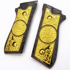 Taurus PT-92 / PT-99 Zinc Alloy Metal Grip Panels Black Gold – Engraved – Screws Included