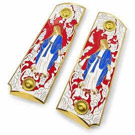 1911 Full Size Grips, Virgin Mary Gold with Enamel, Ambi Cut, and Screws Red