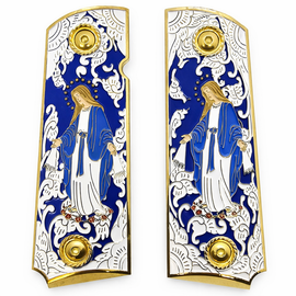 1911 Full Size Grips, Virgin Mary Gold with Enamel, Ambi Cut, and Screws Blue