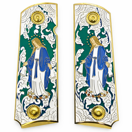 1911 Full Size Grips, Virgin Mary Gold with Enamel, Ambi Cut, and Screws Green