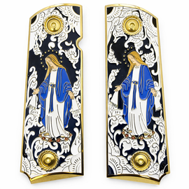 1911 Full Size Grips, Virgin Mary Gold with Enamel, Ambi Cut, and Screws Black