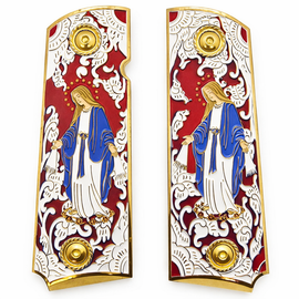 1911 Full Size Grips, Virgin Mary Gold with Enamel, Ambi Cut, and Screws Red
