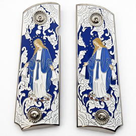 1911 Full Size Grips – Virgin Mary Silver with Blue Enamel – Ambi Cut – Black Screws