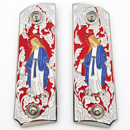1911 Full Size Grips – Virgin Mary Silver with Red Enamel – Ambi Cut – Nickel Screws