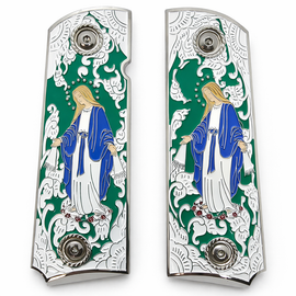 1911 Full Size Grips – Virgin Mary Silver with Green Enamel – Ambi Cut – Nickel Screws
