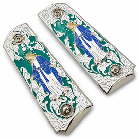 1911 Full Size Grips – Virgin Mary Silver with Green Enamel – Ambi Cut – Nickel Screws