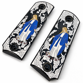 1911 Full Size Grips – Virgin Mary Black Enamel with Black Border – Ambi Cut – Black Screws