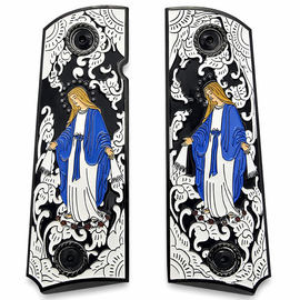 1911 Full Size Grips – Virgin Mary Black Enamel with Black Border – Ambi Cut – Black Screws