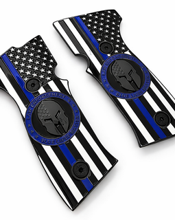 SIG Sauer P320 AXG Metal Grip Panels – Black Thin Blue Line Flag Spartan Design