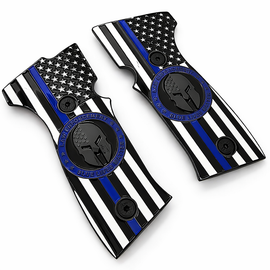 SIG Sauer P320 AXG Metal Grip Panels – Black Thin Blue Line Flag Spartan Design