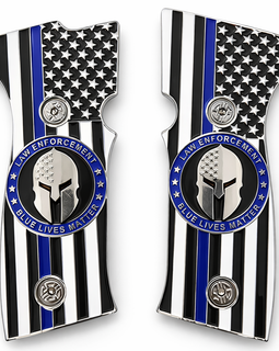 SIG Sauer P320 AXG Metal Grip Panels – Nickel Thin Blue Line Flag Spartan Design