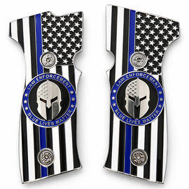SIG Sauer P320 AXG Metal Grip Panels – Nickel Thin Blue Line Flag Spartan Design