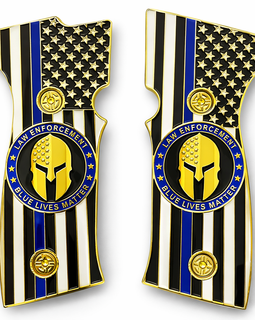 SIG Sauer P320 AXG Metal Grip Panels – Gold Thin Blue Line Flag Spartan Design