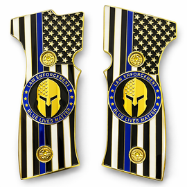 SIG Sauer P320 AXG Metal Grip Panels – Gold Thin Blue Line Flag Spartan Design