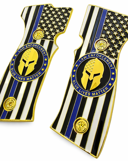 SIG Sauer P320 AXG Metal Grip Panels – Gold Thin Blue Line Flag Spartan Design