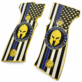 SIG Sauer P320 AXG Metal Grip Panels – Gold Thin Blue Line Flag Spartan Design