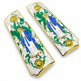 1911 Full Size Grips, Virgin Mary Gold with Enamel, Ambi Cut, and Screws Green