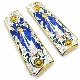 1911 Full Size Grips, Virgin Mary Gold with Enamel, Ambi Cut, and Screws Blue