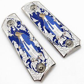 1911 Full Size Grips – Virgin Mary Silver with Blue Enamel – Ambi Cut – Black Screws