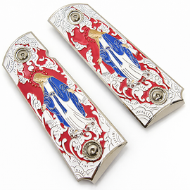 1911 Full Size Grips – Virgin Mary Silver with Red Enamel – Ambi Cut – Nickel Screws