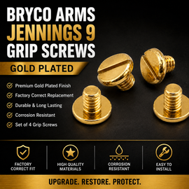 Bryco Arms Jennings 9 Grip Screws – Hardened Steel, Polished Gold Plated (Set of 4)