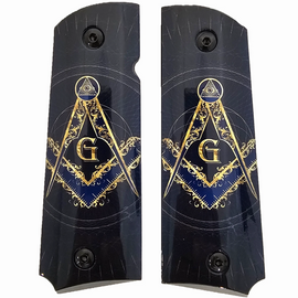 1911 Full Size Metal Grips – Masonic Freemason Square and Compass Design – Ambi Cut – Polished Black