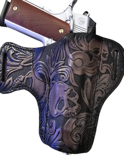 Handmade Exotic Leather Skull Holster – 8 oz Premium Leather, Hand-Tooled Design, Reinforced Loop