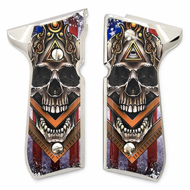 Polished Silver Edge Metal Grip Panels – Skull & Geometric Eye Design – Compatible with Beretta 92 Series – Includes 4 Screws