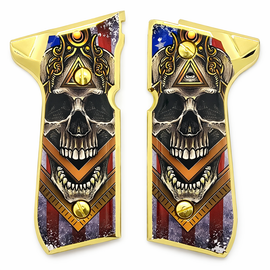 Polished Gold Edge Metal Grip Panels – Skull & Geometric Eye Design – Compatible with Beretta 92 Series – Includes 4 Screws
