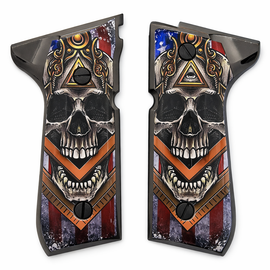 Polished Black Edge Metal Grip Panels – Skull & Geometric Eye Design – Compatible with Beretta 92 Series – Includes 4 Screws