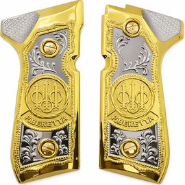 Beretta 92 / 96 Full Size Metal Grips – Gold & Chrome P. Beretta Logo Design (Fits 92FS, M9, 92A1, 92 INOX – Includes Screws)