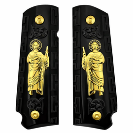 1911 Full Size Government Grips – Black & Gold St. Jude Metal – Bobtail Round Butt – Ambidextrous Cut – Includes Screws