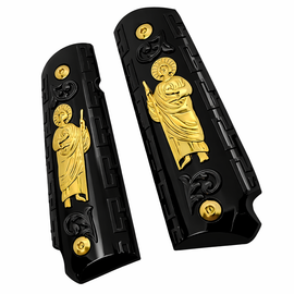 1911 Full Size Government Grips – Black & Gold St. Jude Metal – Bobtail Round Butt – Ambidextrous Cut – Includes Screws