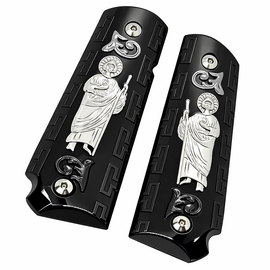 1911 Full Size Government Grips – Black & Nickel St. Jude Metal – Bobtail Round Butt – Ambidextrous Cut – Includes Screws