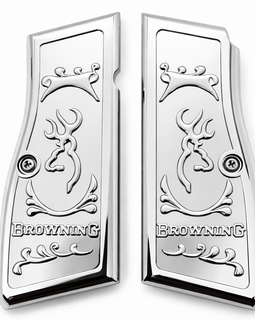 Browning Hi Power / Tisas Regent BR9 Metal Grips – Polished Chrome Buckmark Design (Includes Screws)