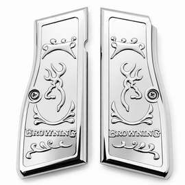 Browning Hi Power / Tisas Regent BR9 Metal Grips – Polished Chrome Buckmark Design (Includes Screws)
