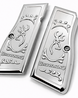 Browning Hi Power / Tisas Regent BR9 Metal Grips – Polished Chrome Buckmark Design (Includes Screws)