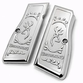 Browning Hi Power / Tisas Regent BR9 Metal Grips – Polished Chrome Buckmark Design (Includes Screws)