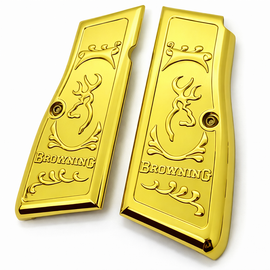 Browning Hi Power / Tisas Regent BR9 Metal Grips – High Gloss Gold Buckmark Design (Includes Screws)