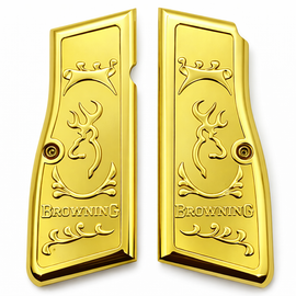 Browning Hi Power / Tisas Regent BR9 Metal Grips – High Gloss Gold Buckmark Design (Includes Screws)