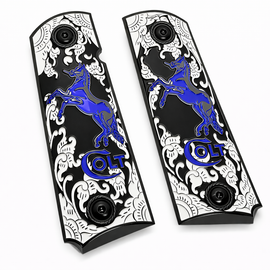 Colt 1911 Full Size Metal Grips – Black & Blue Stallion – Ambi Cut – Matching Screws Included
