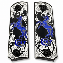 Colt 1911 Full Size Metal Grips – Black & Blue Stallion – Ambi Cut – Matching Screws Included