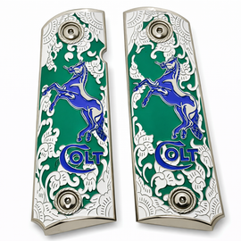 Nickel Plated Colt 1911 Full Size Metal Grips – Emerald Green & Blue Stallion – Ambi Cut – Matching Screws Included
