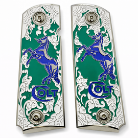 Nickel Plated Colt 1911 Full Size Metal Grips – Emerald Green & Blue Stallion – Ambi Cut – Matching Screws Included