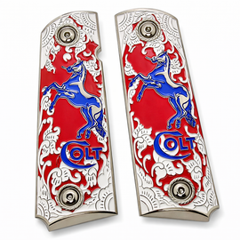 Nickel Plated Colt 1911 Full Size Metal Grips – Red Enamel & Blue Stallion – Ambi Cut – Matching Screws Included
