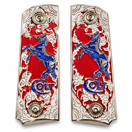 Nickel Plated Colt 1911 Full Size Metal Grips – Red Enamel & Blue Stallion – Ambi Cut – Matching Screws Included