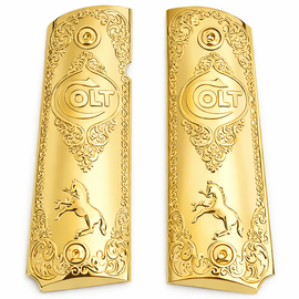 1911 Full Size Metal Grips – Gold with Colt Horse & Logo, Ambi Cut (Includes 4 Screws)