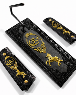 1911 Full Size Colt Black & Gold Luxury Grip Panels – Ambi Cut – Includes Screws & Matching Gun Stand